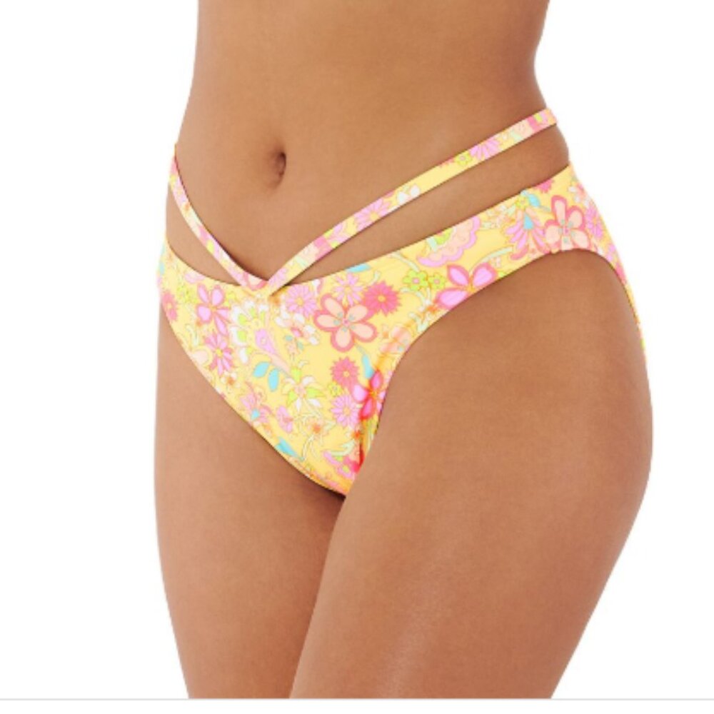 Ninety-Nine° Junior's Cutout High-Waist Swim Bottom XXL white yellow pink floral